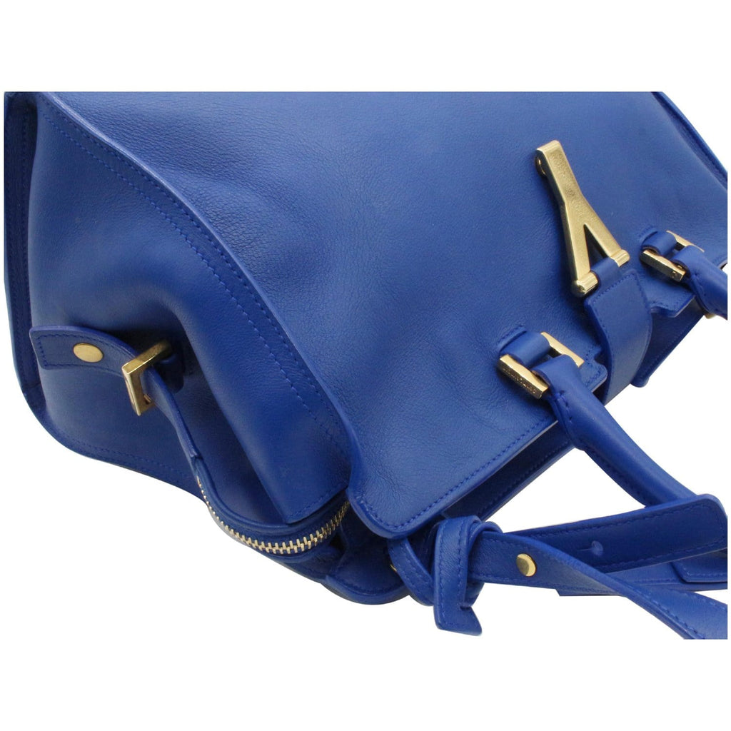 YVES SAINT LAURENT Cabas Y Small Calfskin Leather Tote Shoulder Bag Blue