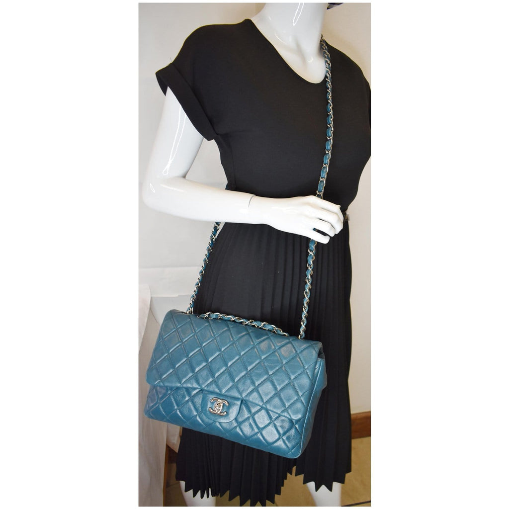 CHANEL Jumbo Single Flap Lambskin Leather Crossbody Bag Teal
