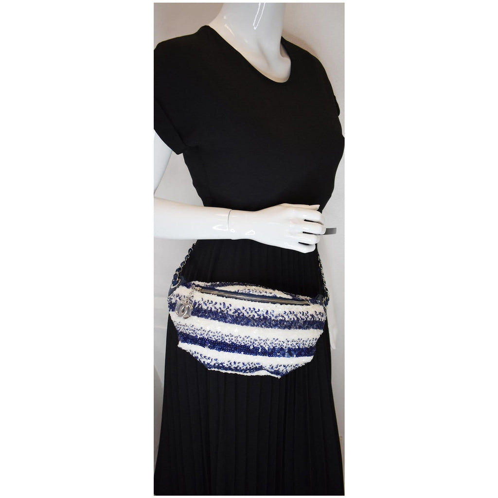 CHANEL Sequin Fanny Pack Leather Waist Bag Blue/White