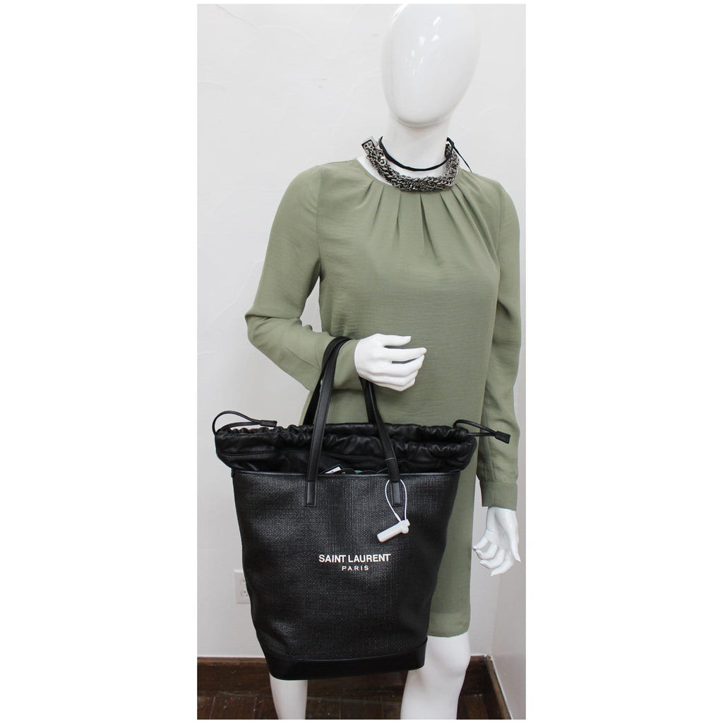 YVES SAINT LAURENT Teddy Canvas/Leather Drawstring Shopping Tote Black - Last Call