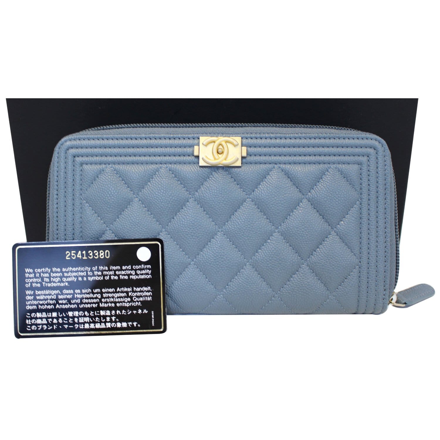 CHANEL Small Boy Long Caviar Leather Zip Around Wallet Blue