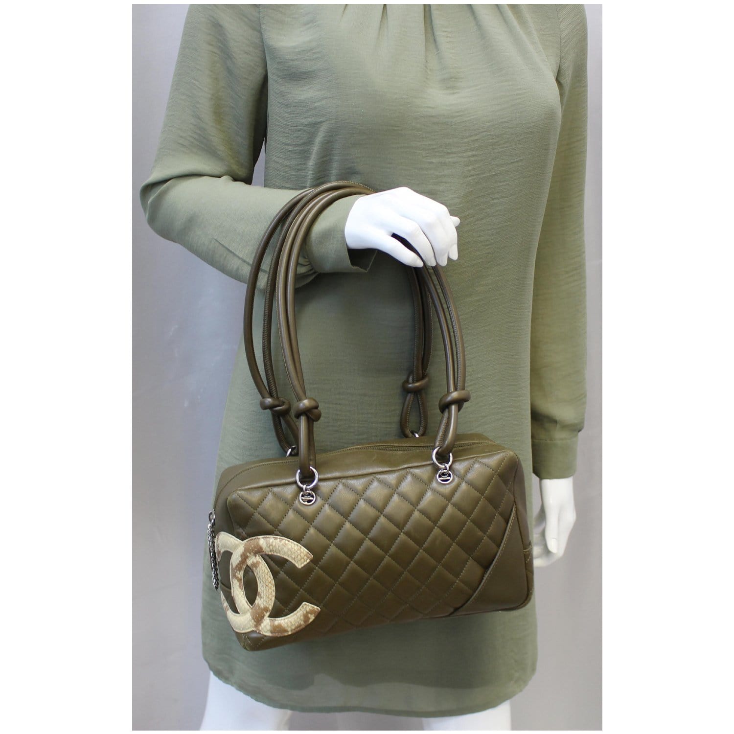 CHANEL Cambon Line Leather Shoulder Bag Dark Green