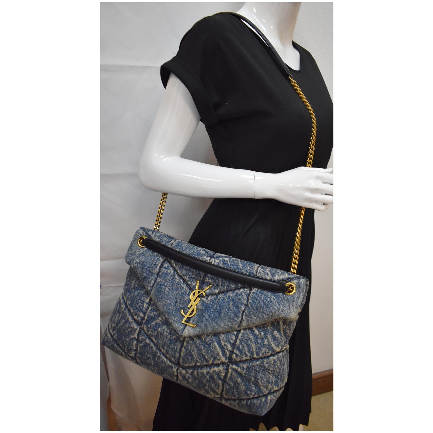 YVES SAINT LAURENT Vintage Puffer Medium Denim Canvas Shoulder Bag Blue