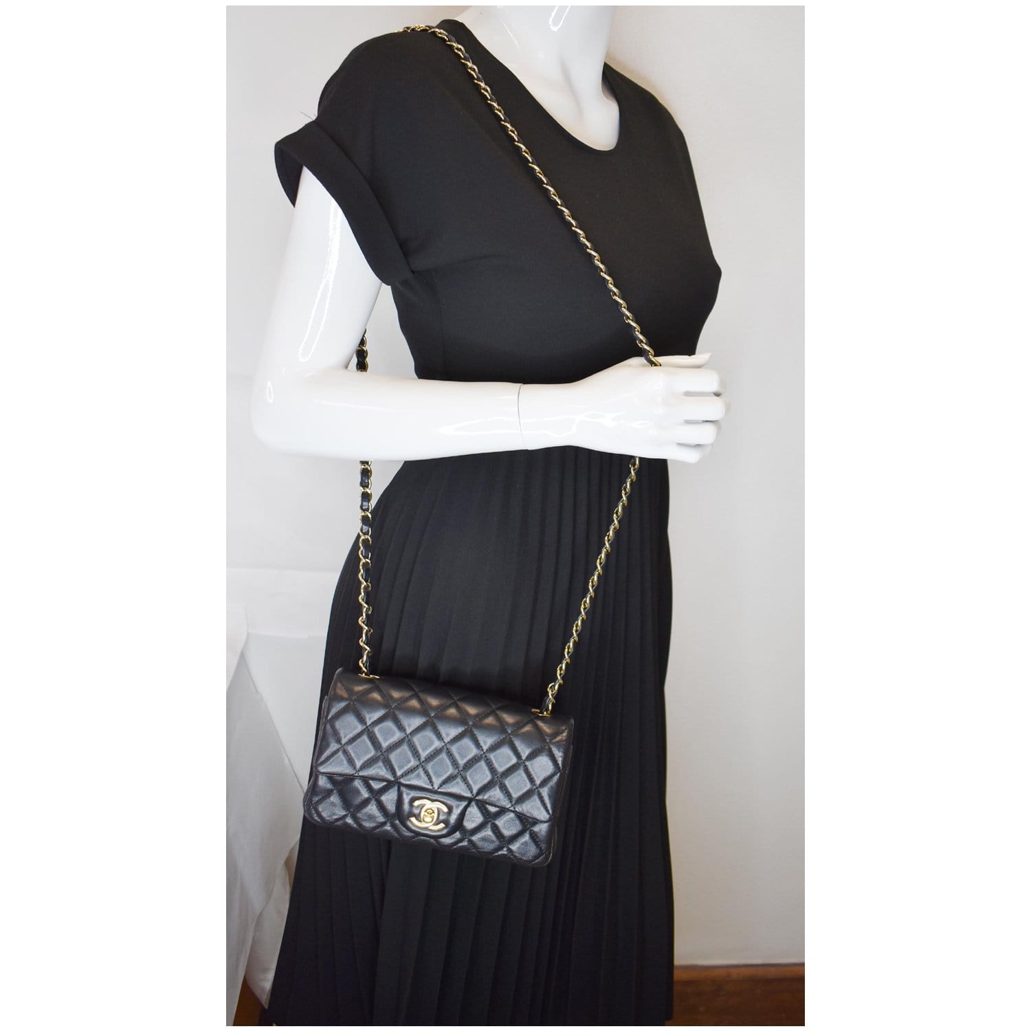 CHANEL Mini Rectangular Flap Quilted Lambskin Leather Shoulder Bag Black