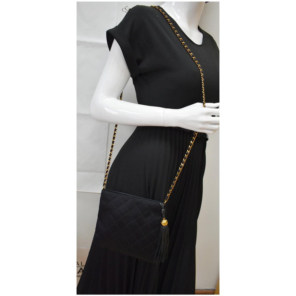 CHANEL Vintage Quilted Satin Tassel Shoulder Bag Black