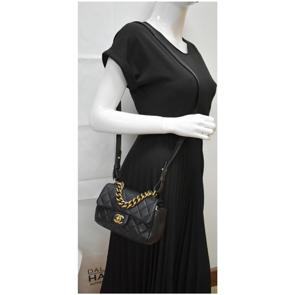 CHANEL Mini Trapezio Flap Quilted Sheepskin Leather Crossbody Bag Black