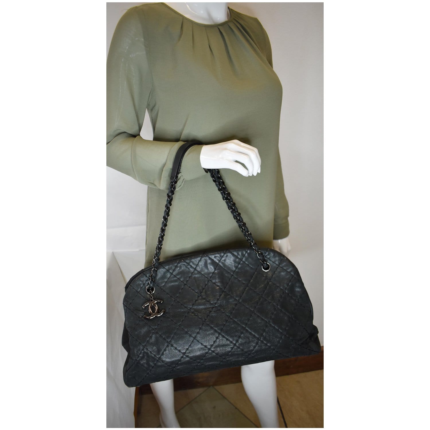 Chanel Just Mademoiselle Maxi Iridescent Leather Bowling Bag Black