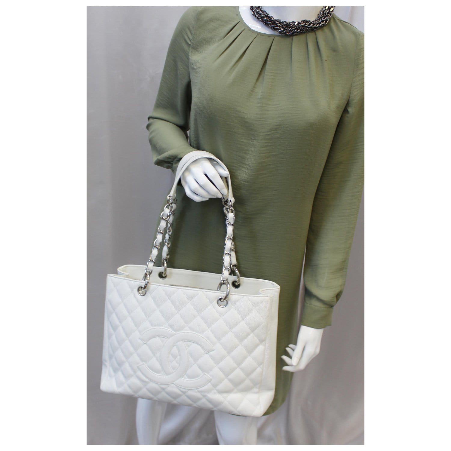 CHANEL Grand Shopping Quilted Caviar Leather Tote Bag White