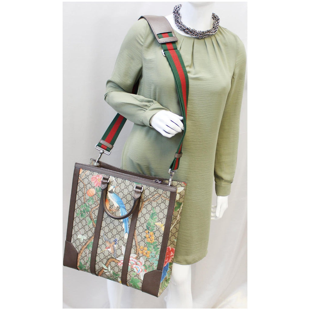 GUCCI GG Supreme Monogram Tian Print Tote Shoulder Bag Maple Brown 406387