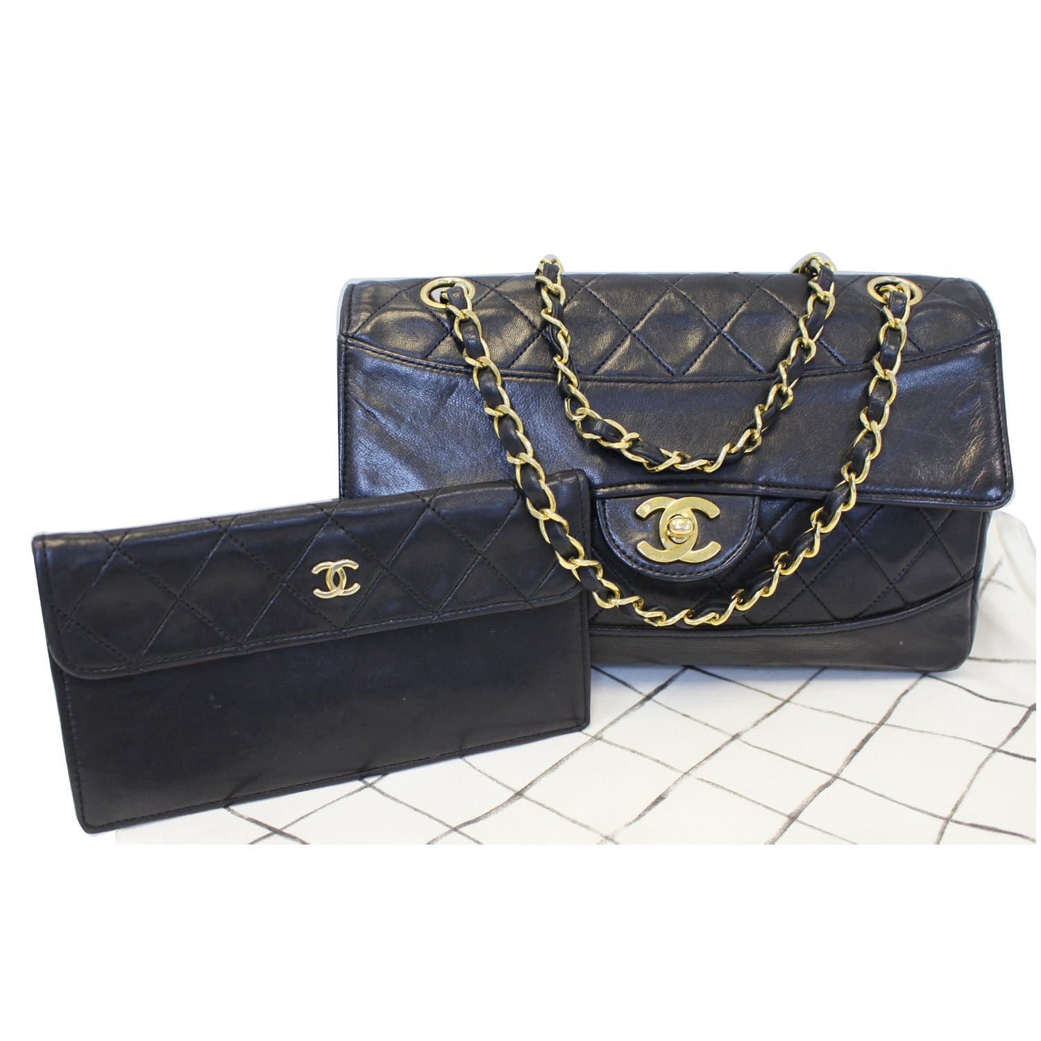 CHANEL Vintage Quilted Lambskin Leather Line Flap Bag Black
