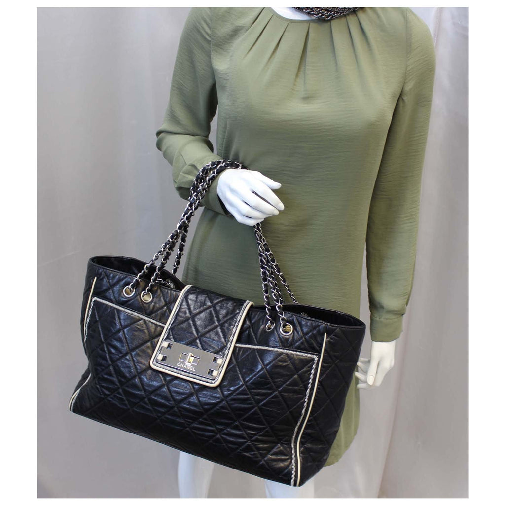CHANEL East West Large Lambskin Quilted Leather Tote Shoulder Bag Black