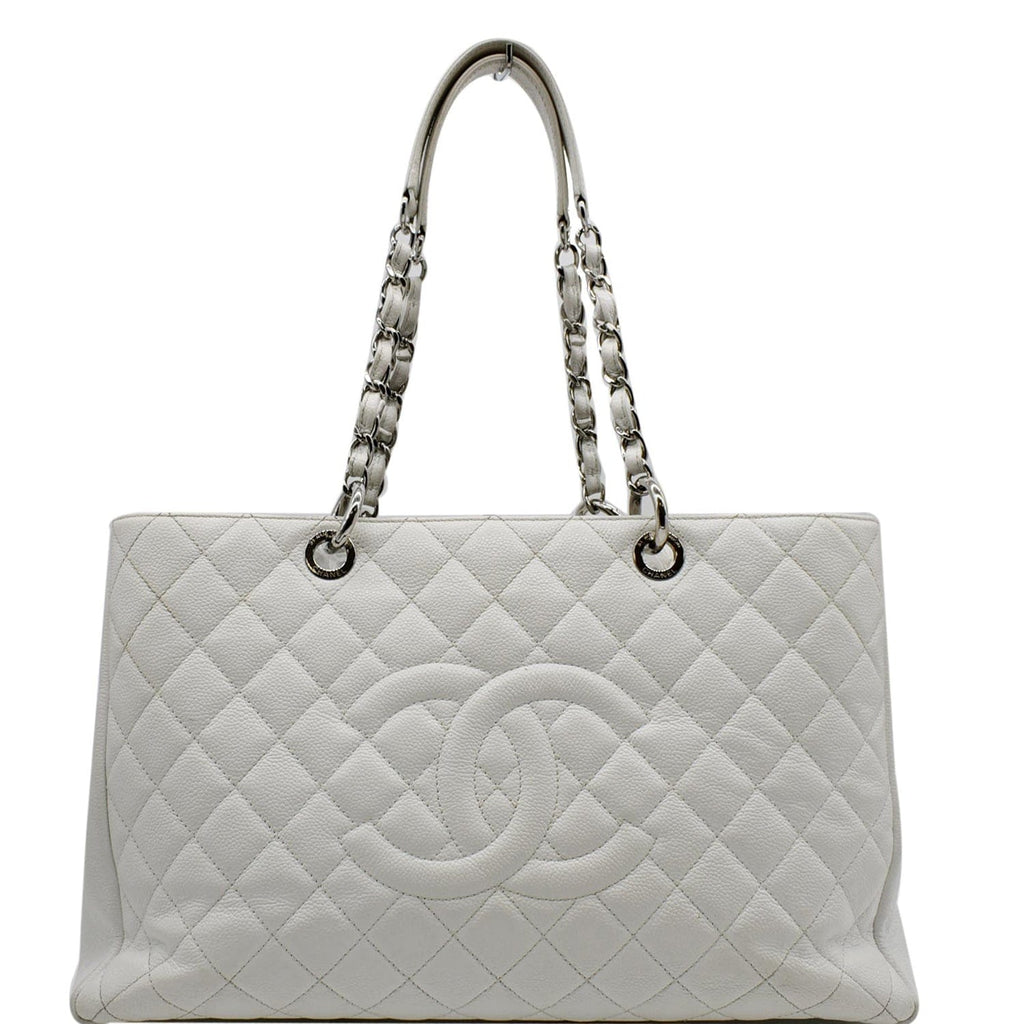 CHANEL XL Grand Quilted Caviar Leather Shopping Tote Bag White