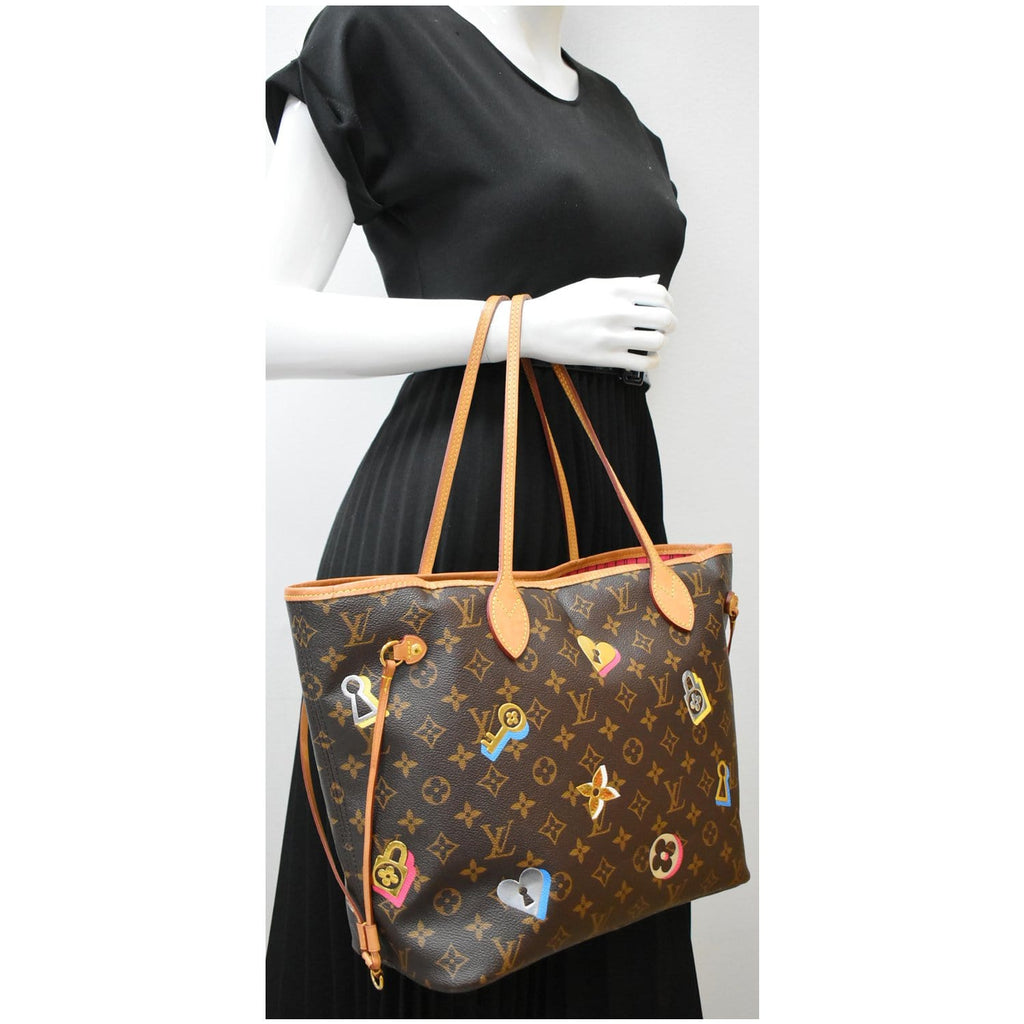 LOUIS VUITTON Love Lock Neverfull MM Monogram Canvas Tote Bag Brown