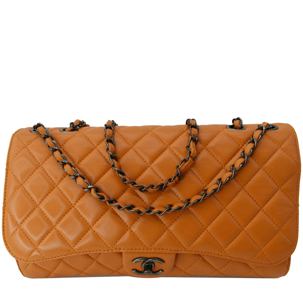 CHANEL Classic Flap Drawstring Quilted Lambskin Leather Shopper Shoulder Bag Orange - Hot Deals