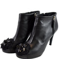 CHANEL Camellia Front Ankle Leather Heel Boots Black US 7.5