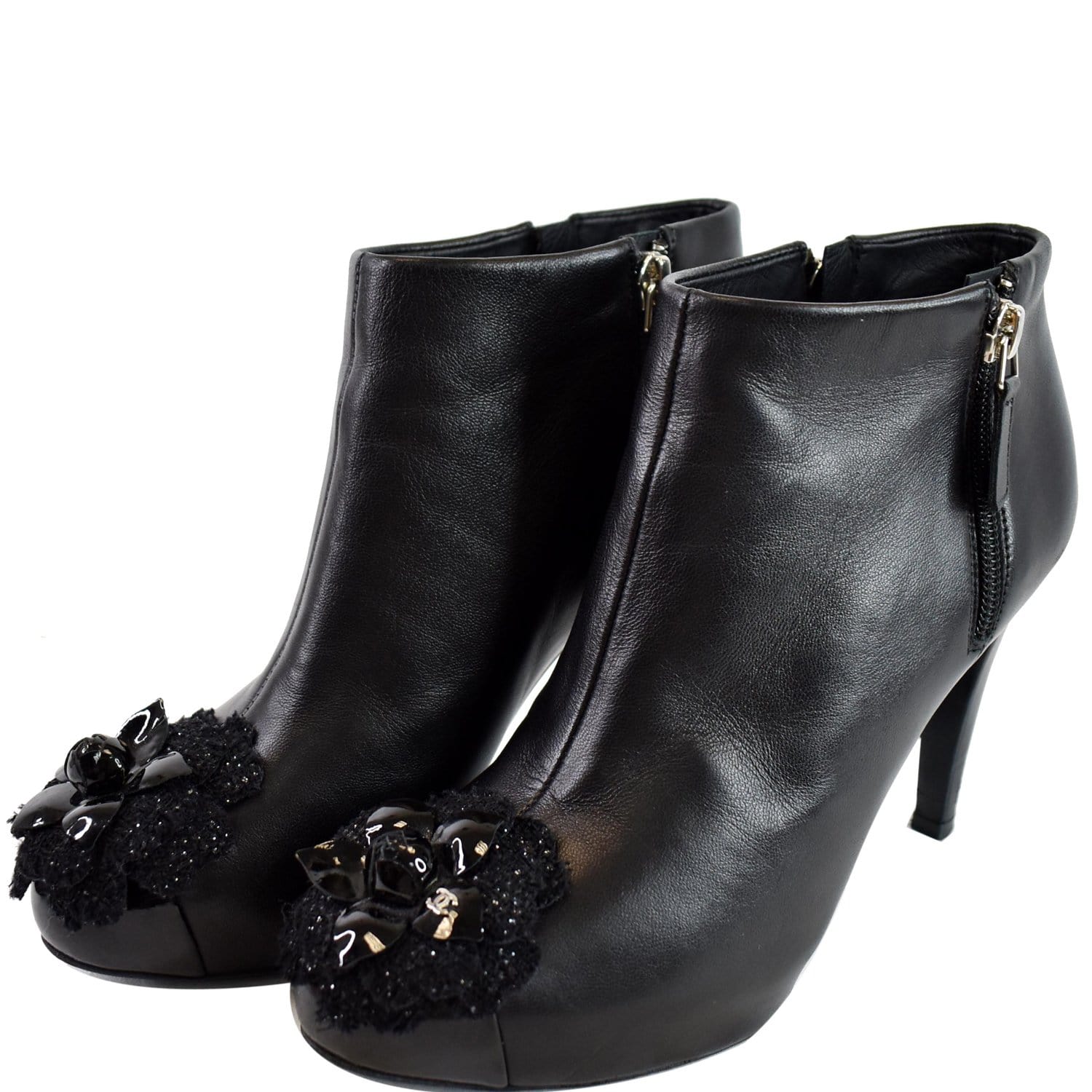 CHANEL Camellia Front Ankle Leather Heel Boots Black US 7.5