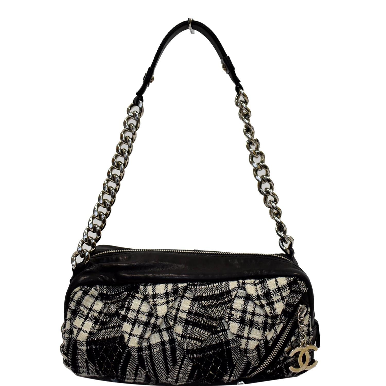 CHANEL Twisted Zipper Tweed Leather Shoulder Bag Black