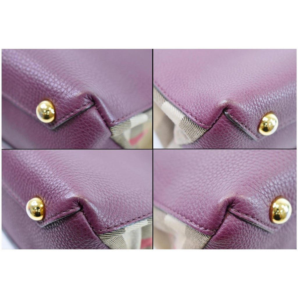 BURBERRY Small Banner Leather House Check Tote Shoulder Bag Burgundy