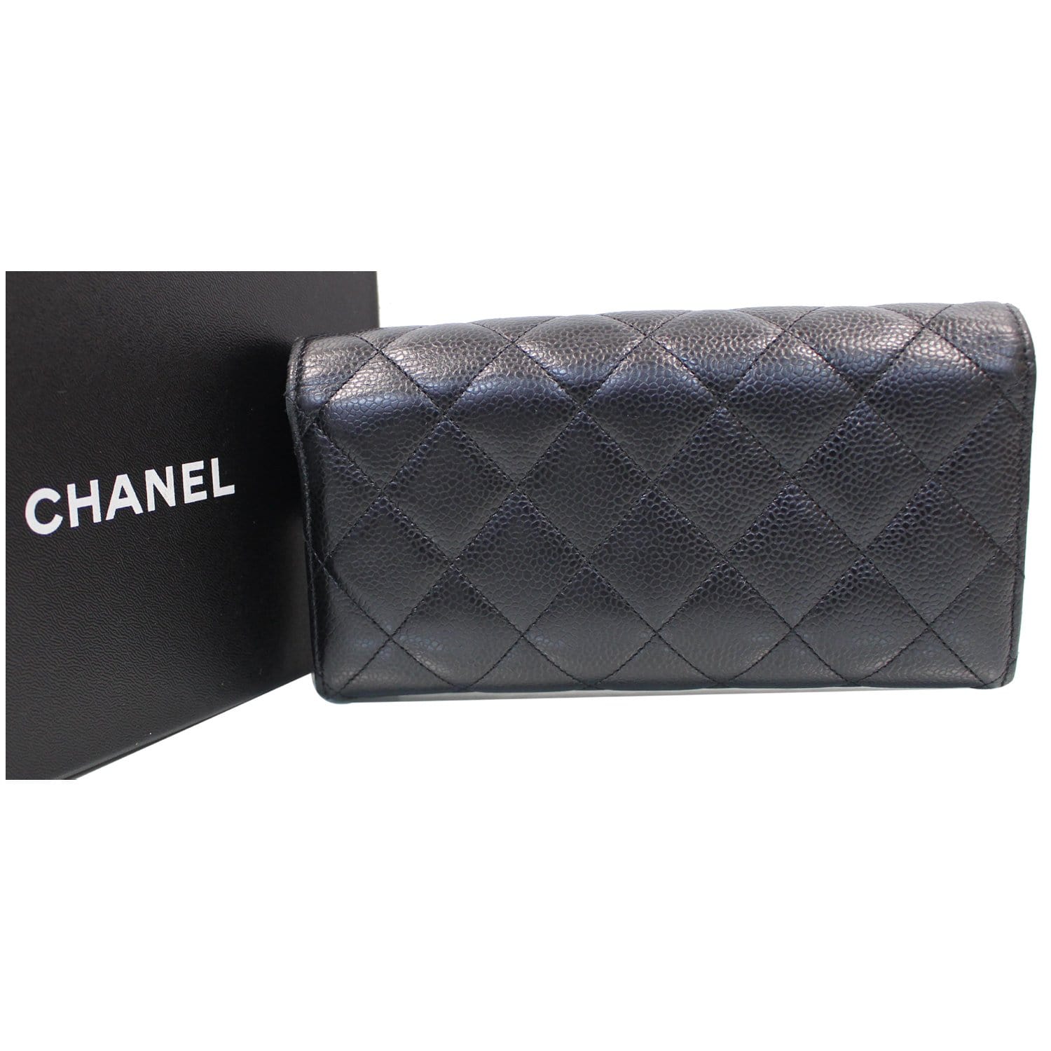 CHANEL Gusset Flap Caviar Leather Wallet Black