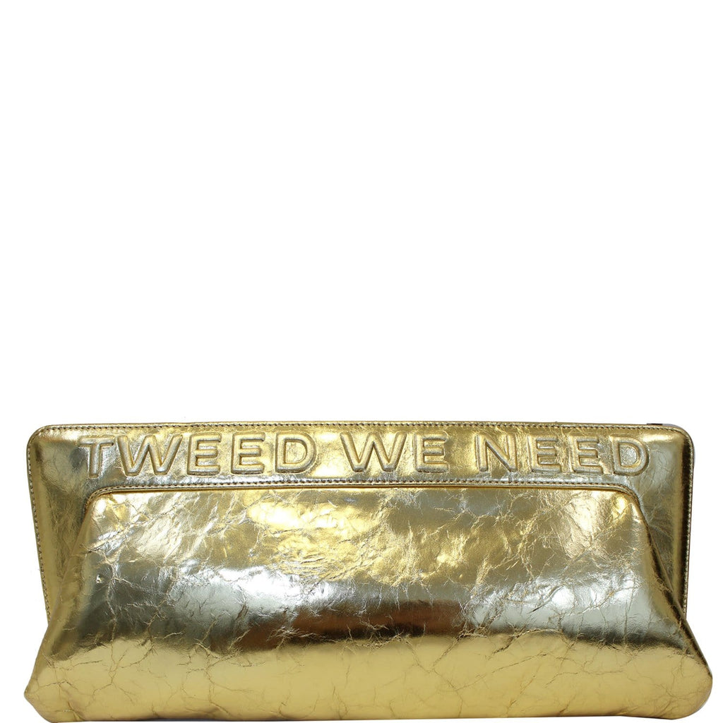 CHANEL Tweed We Need Metallic Lambskin Leather Clutch Gold