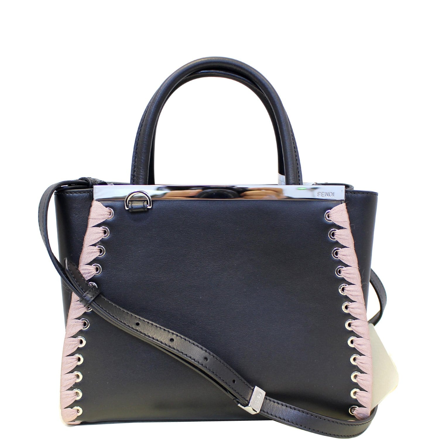 FENDI Petite 2Jours Whipstitch Leather Tote Shoulder Bag Black