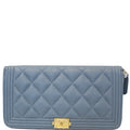 CHANEL Small Boy Long Caviar Leather Zip Around Wallet Blue
