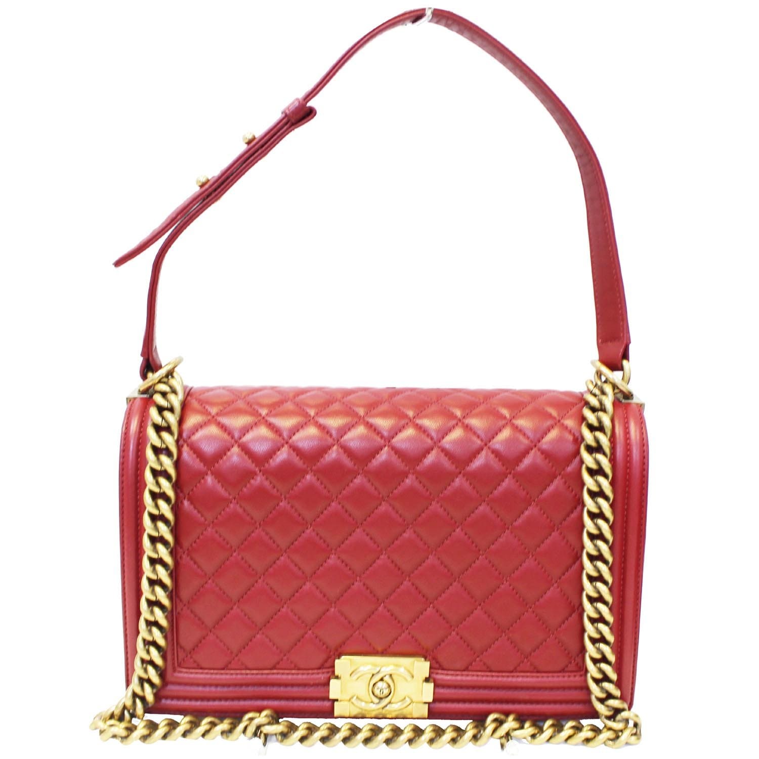 CHANEL Medium Boy Flap Lambskin Leather Shoulder Bag Red