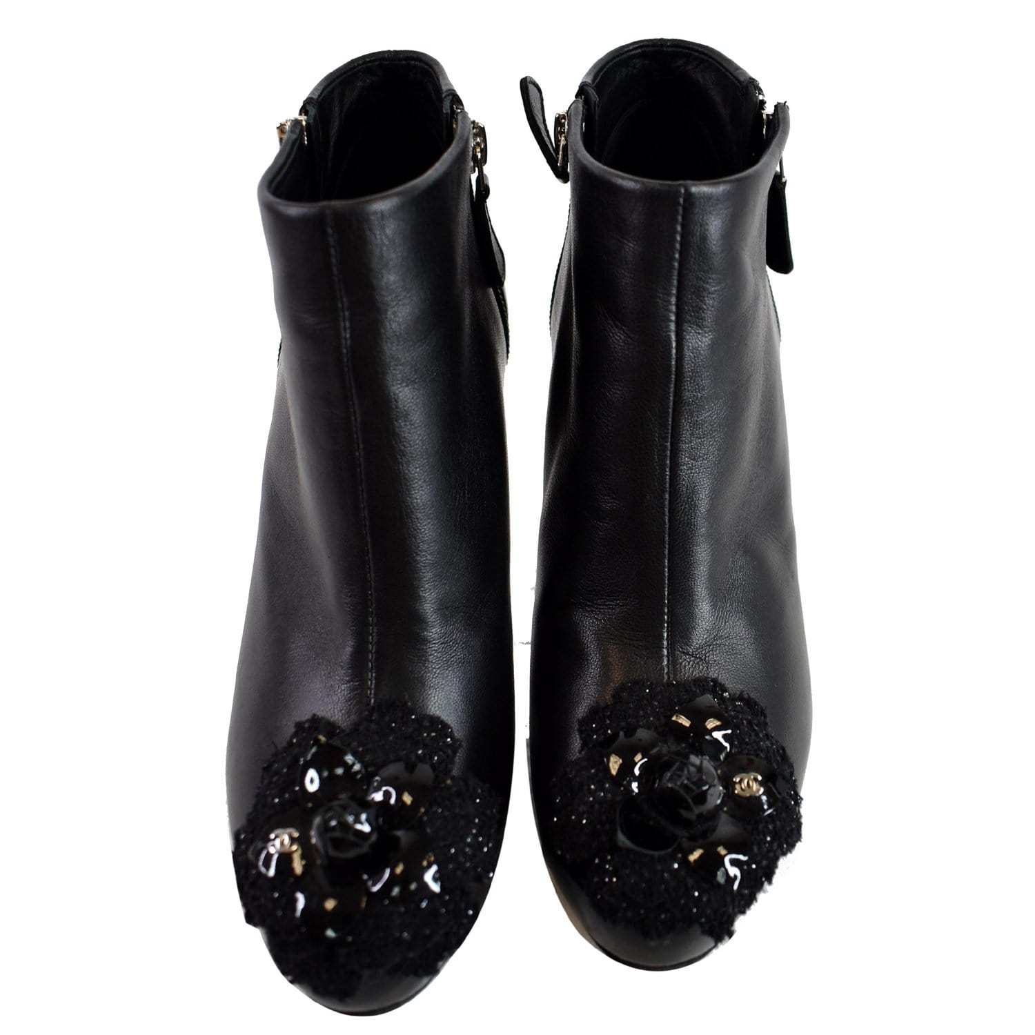 CHANEL Camellia Front Ankle Leather Heel Boots Black US 7.5