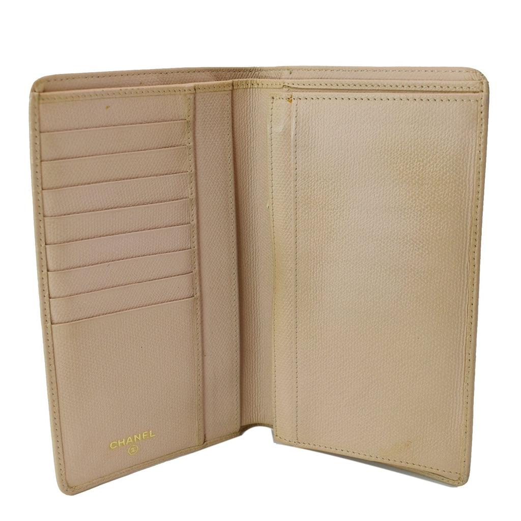CHANEL Long Coco Button Bi-Fold Caviar Leather Wallet Beige