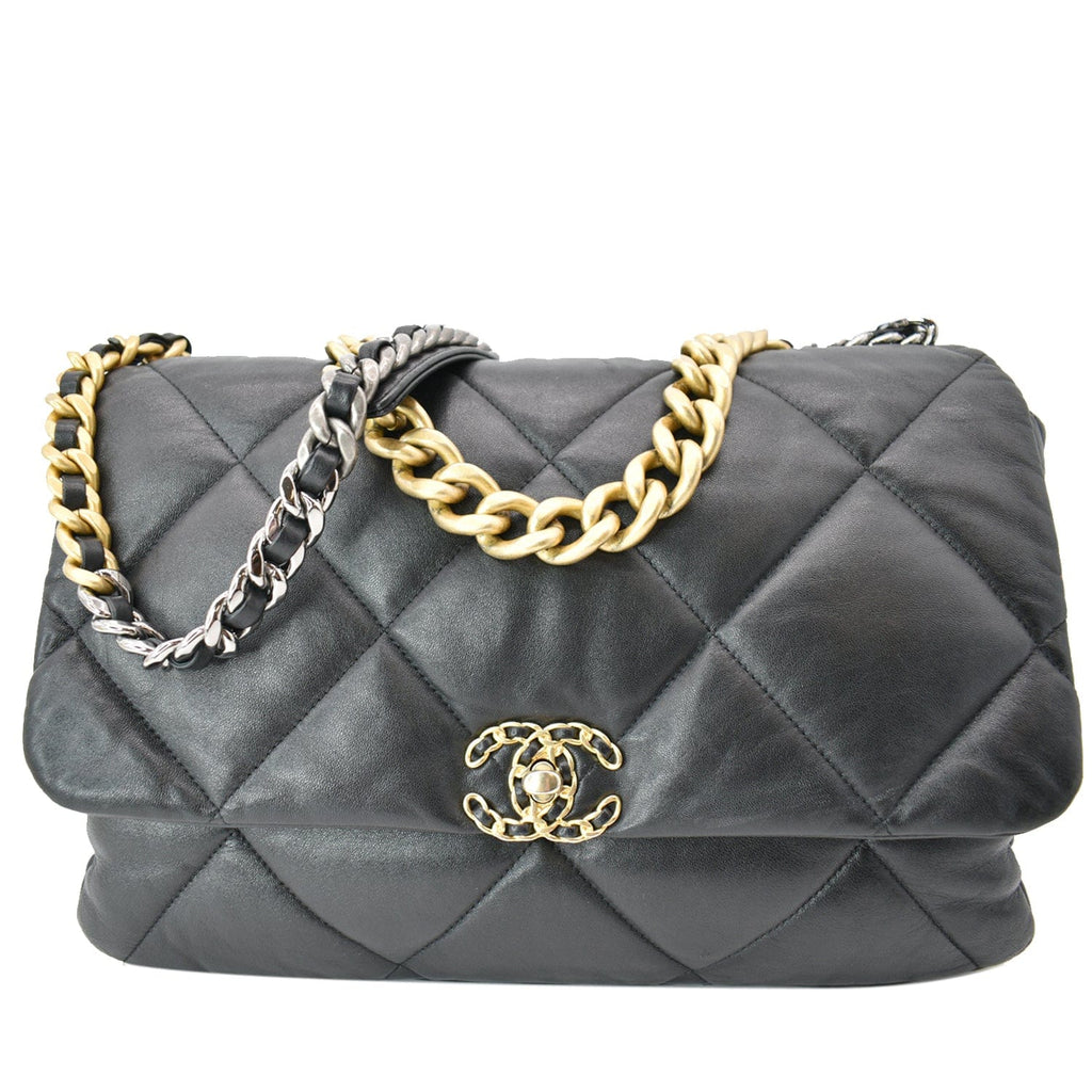 CHANEL 19 Large Flap Quilted Lambskin Leather Shoulder Bag Black