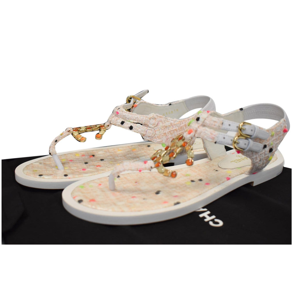 CHANEL Thong Tweed Sandals Off White Size 40