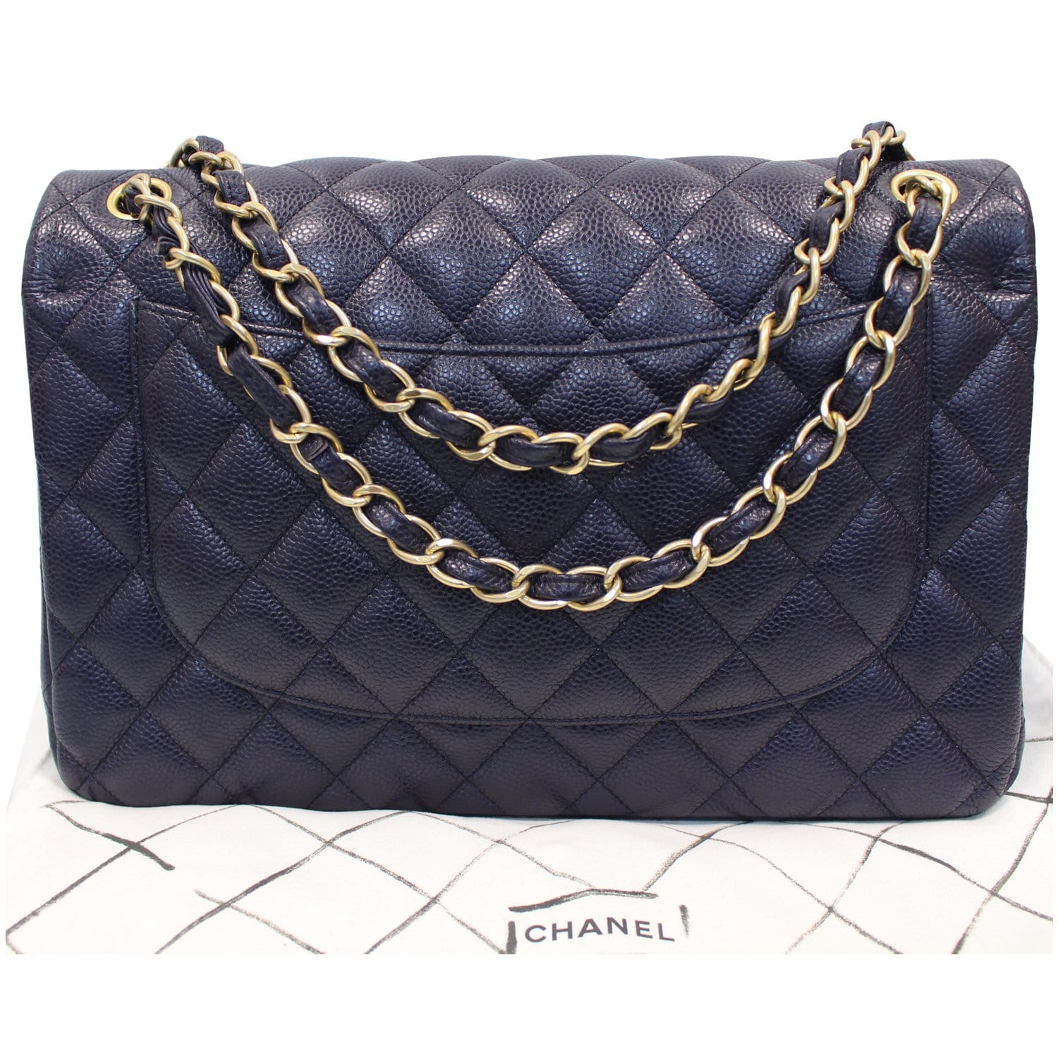 CHANEL Jumbo Double Flap Caviar Leather Shoulder Bag Navy Blue