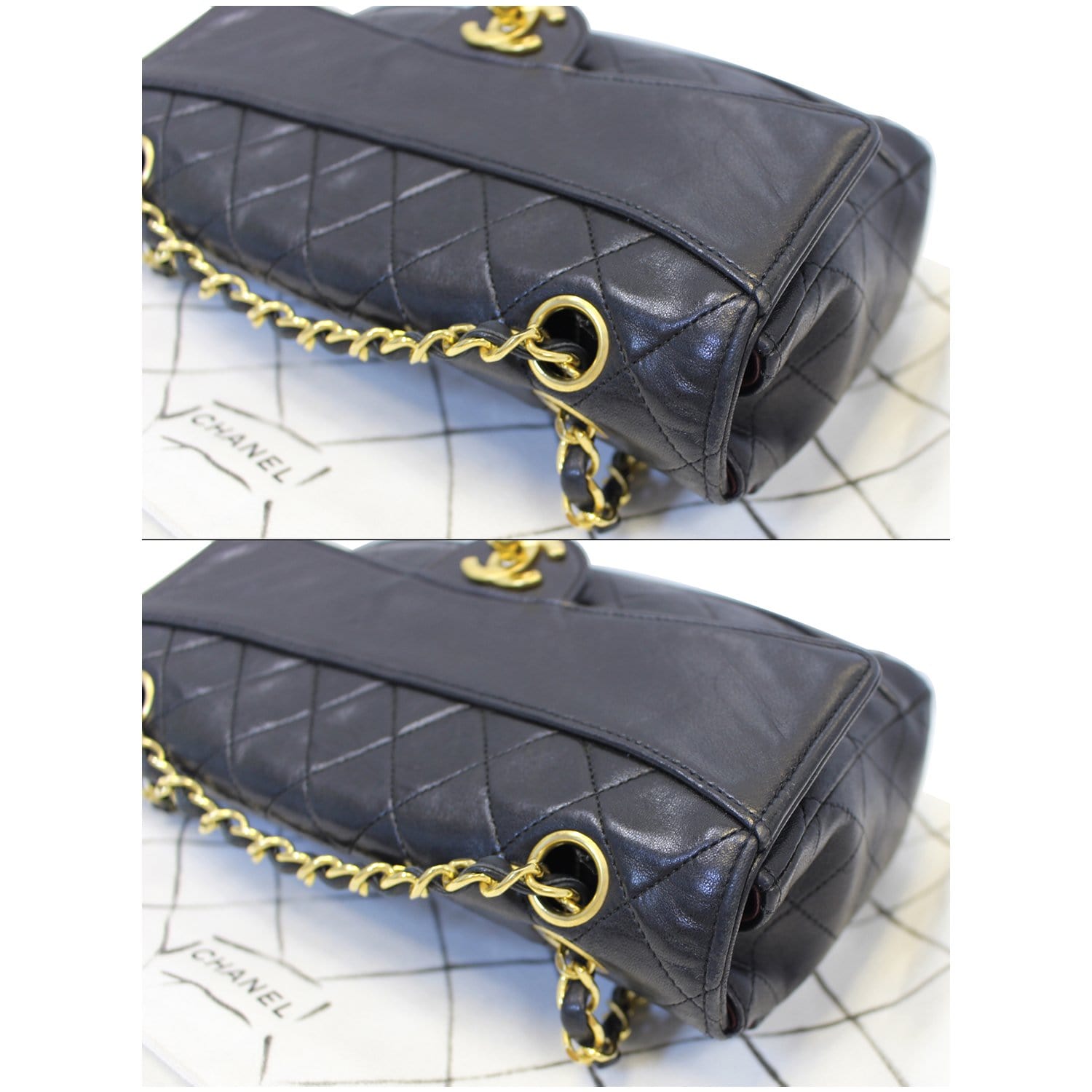 CHANEL Vintage Quilted Lambskin Leather Line Flap Bag Black