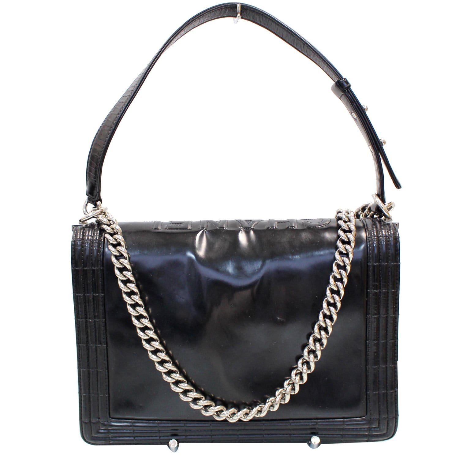 CHANEL Large Boy Glazed Calfskin Leather Shoulder Bag Black