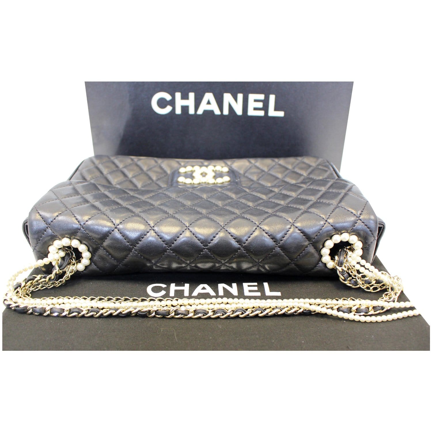 CHANEL Westminster Pearl Flap Lambskin Medium Shoulder Bag Black