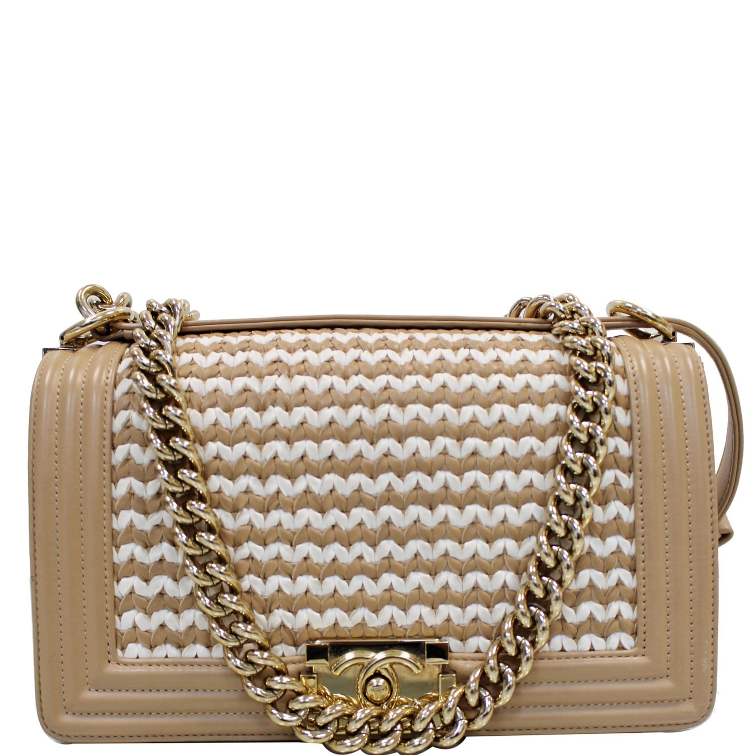 CHANEL BOY Braided Lambskin Leather Shoulder Bag Beige