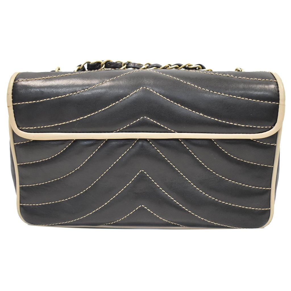 CHANEL Chevron Contrast Quilted Lambskin Flap Shoulder Bag Black