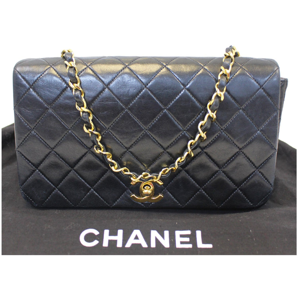 CHANEL Vintage Single Flap Quilted Lambskin Shoulder Bag Black