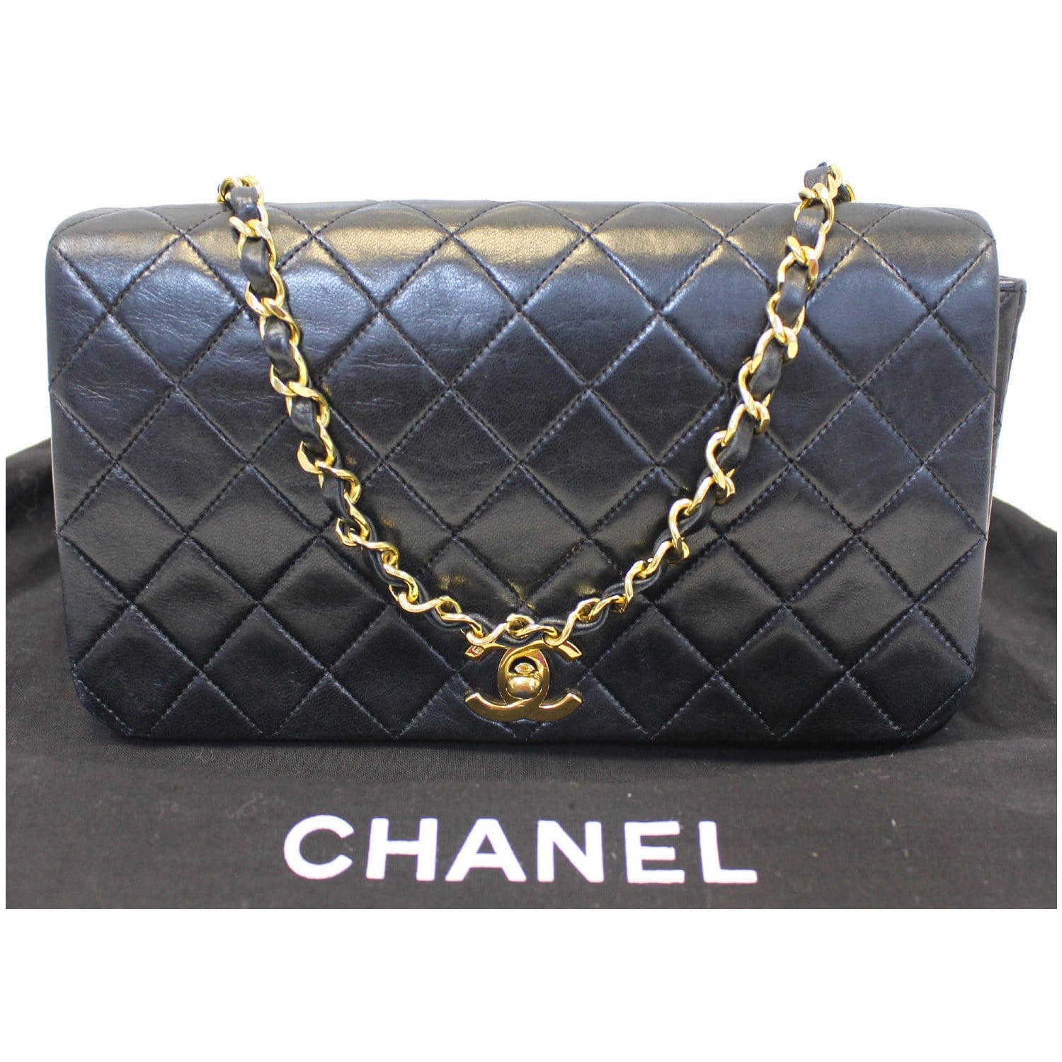 CHANEL Vintage Single Flap Quilted Lambskin Shoulder Bag Black
