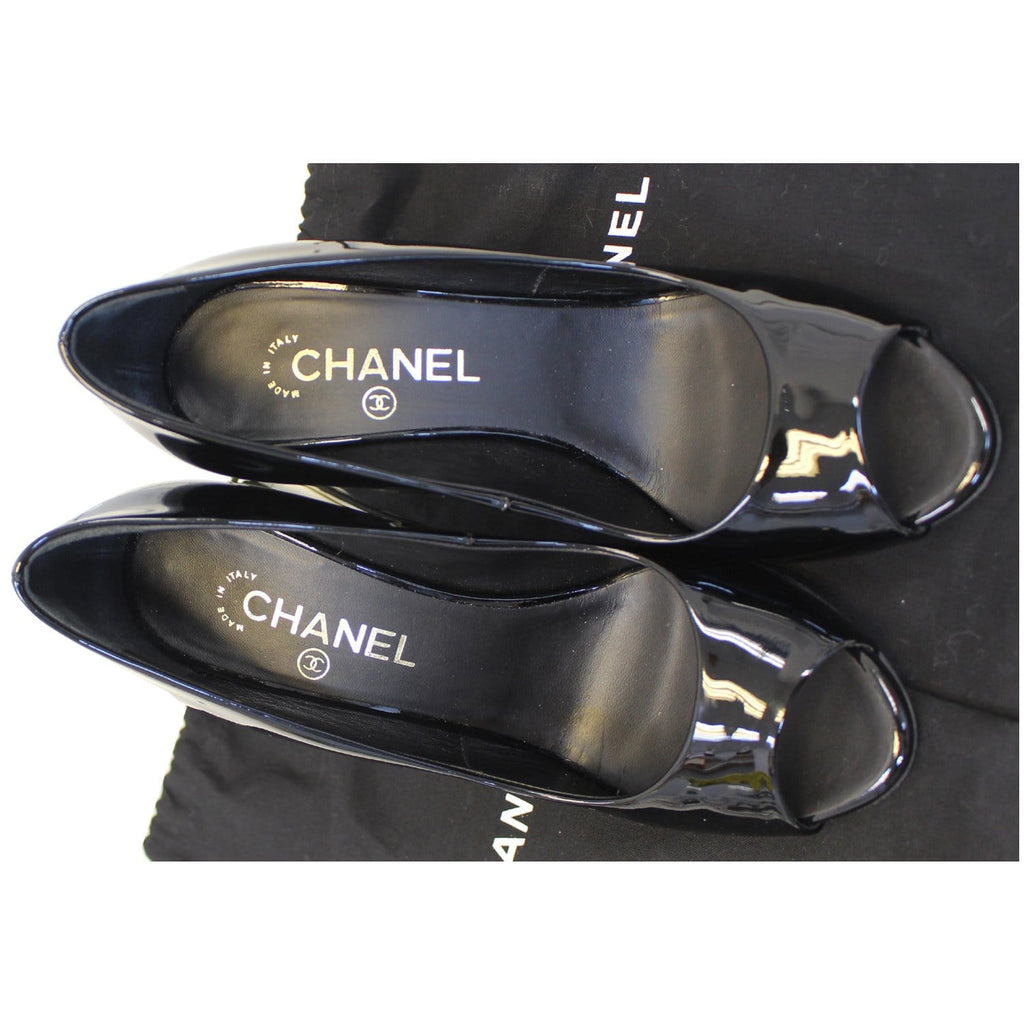 CHANEL Black Leather Open Toe Pumps 39.1/2 Black