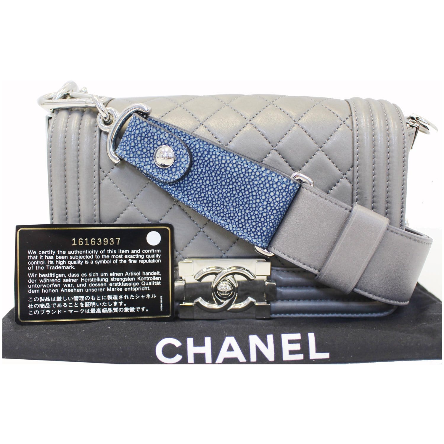 CHANEL Boy Flap with Stingray Lambskin Shoulder Bag Silver