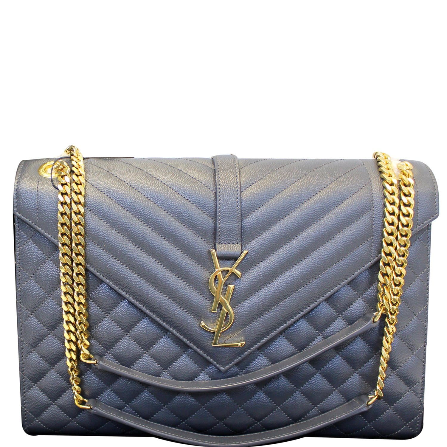 YVES SAINT LAURENT Envelope Large Matelasse Embossed Leather Shoulder Bag Dark Smog