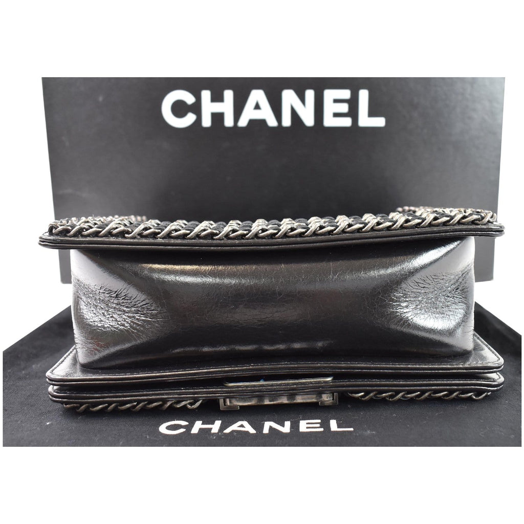 CHANEL Small Boy Embellished Chain Lambskin Shoulder Bag Black