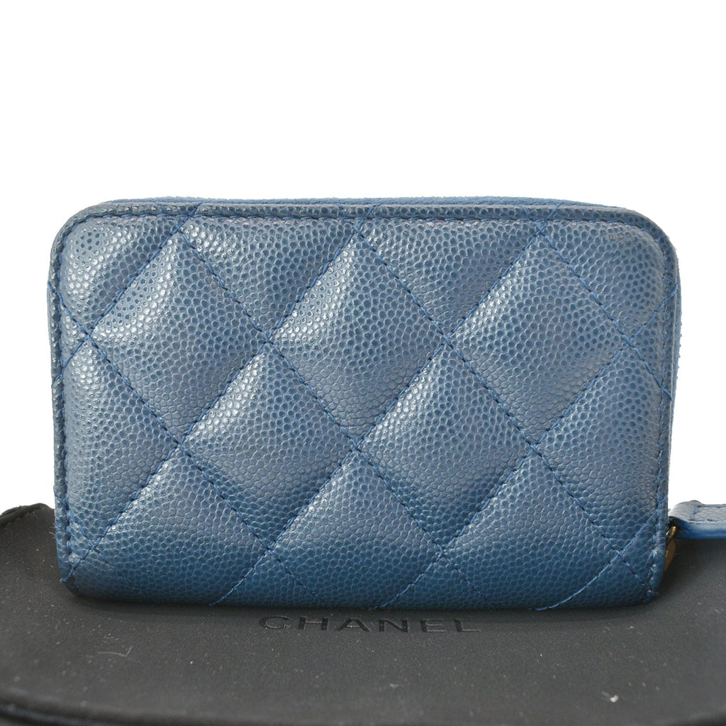 CHANEL Caviar Quilted Small Zip Around Wallet Blue
