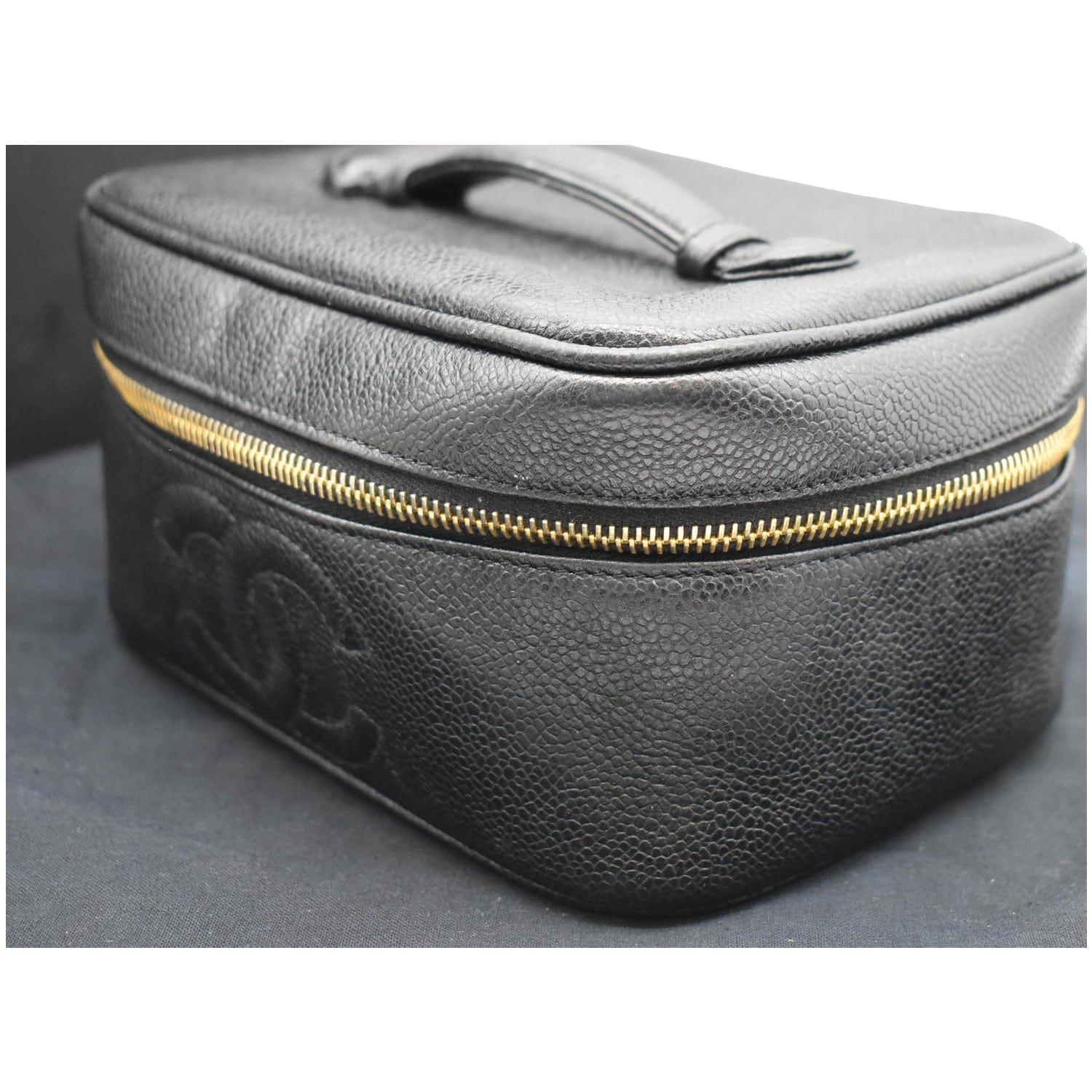 CHANEL Vintage Vanity Case Leather Chain Cosmetic Bag Black