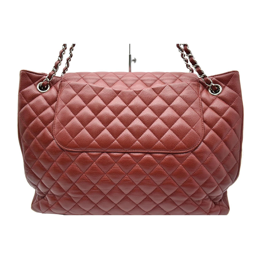 CHANEL Front Flap Pocket Quilted Caviar Leather Tote Shoulder Bag Red- 20% OFF