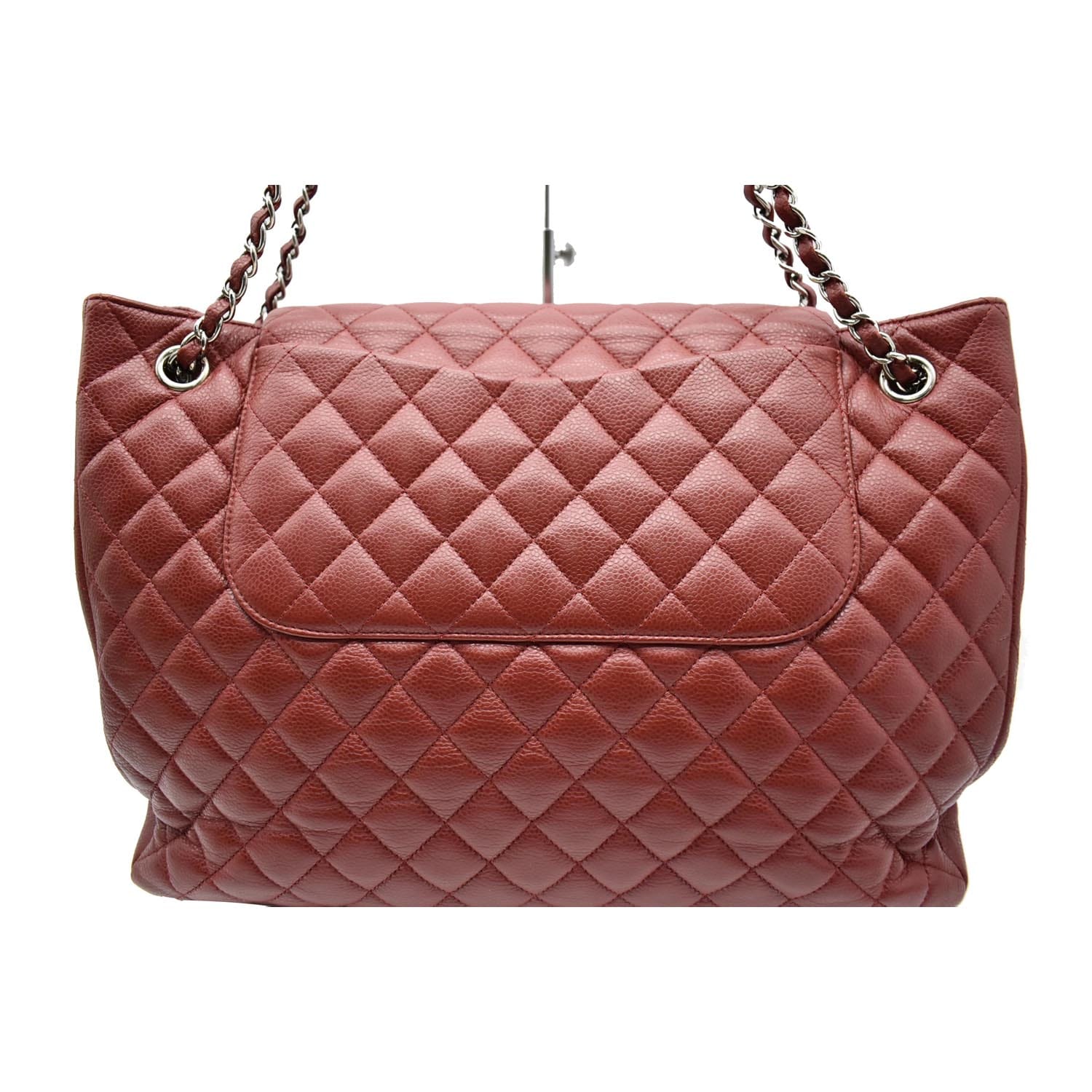 CHANEL Front Flap Pocket Quilted Caviar Leather Tote Shoulder Bag Red- 20% OFF