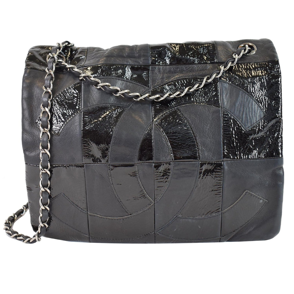 CHANEL Brooklyn Patchwork Flap Patent Leather Shoulder Bag Black