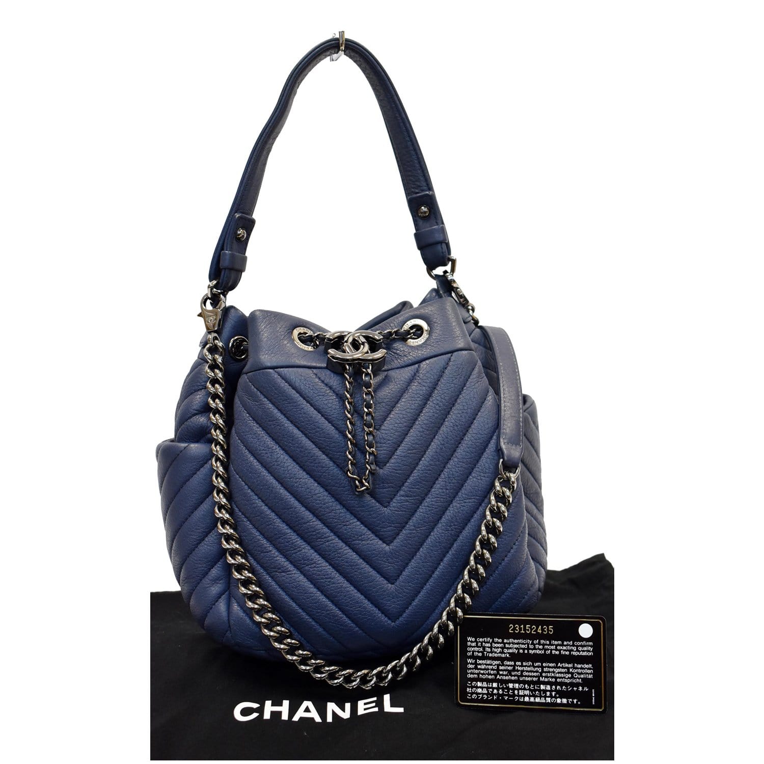 CHANEL Chevron Small CC Chain Bucket Deerskin Drawstring Shoulder Bag Blue