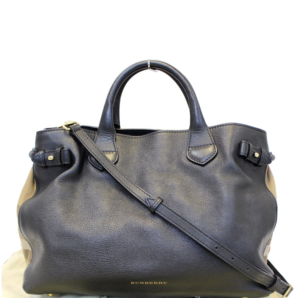 BURBERRY Black Calf Leather House Check Medium Banner Tote Bag